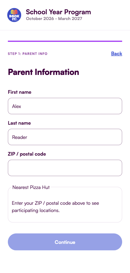 Parent information and participating Pizza Hut selection