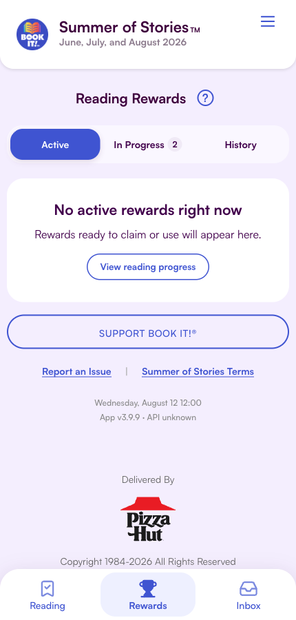 Current Rewards screen with Active, In Progress, and History tabs