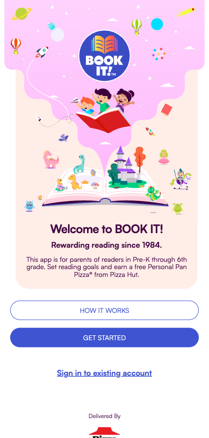 Current BOOK IT! welcome screen with Get Started and existing-account sign-in